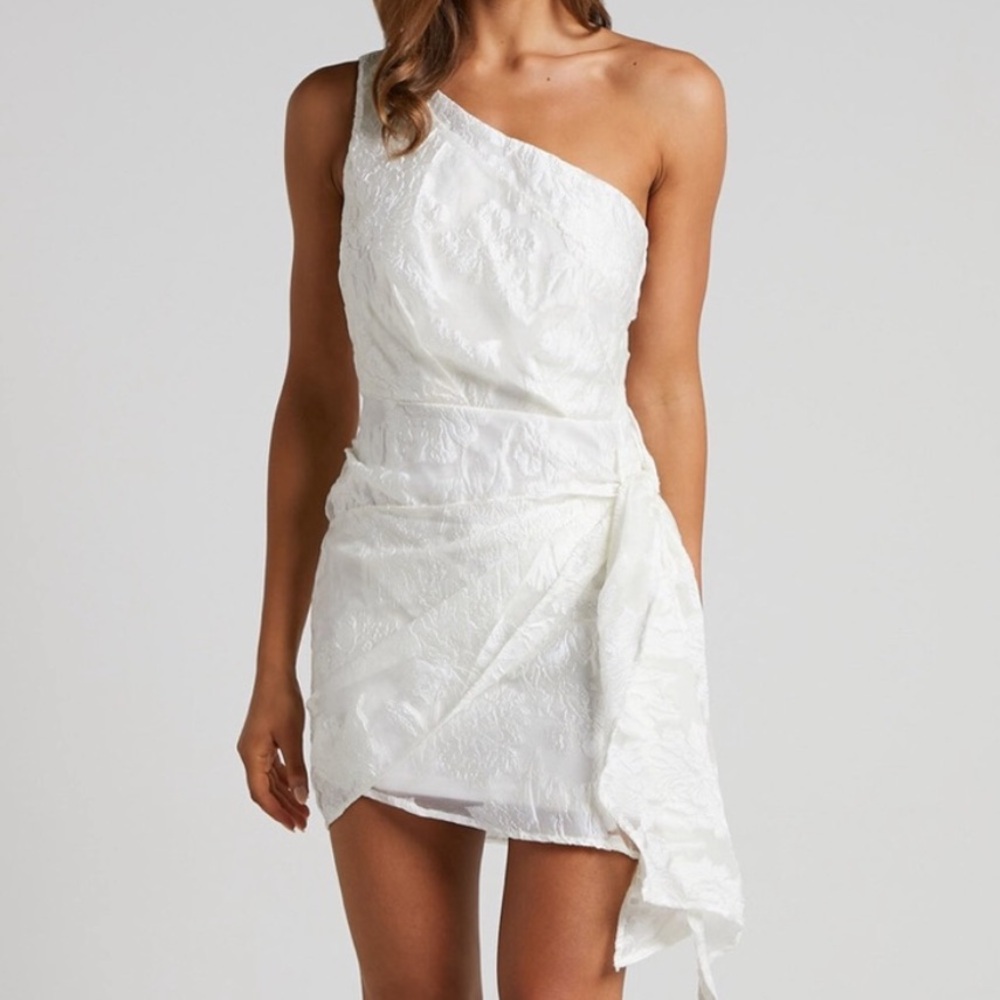 White one shoulder dress, beautiful brocade fabric! Wore for engagement photos